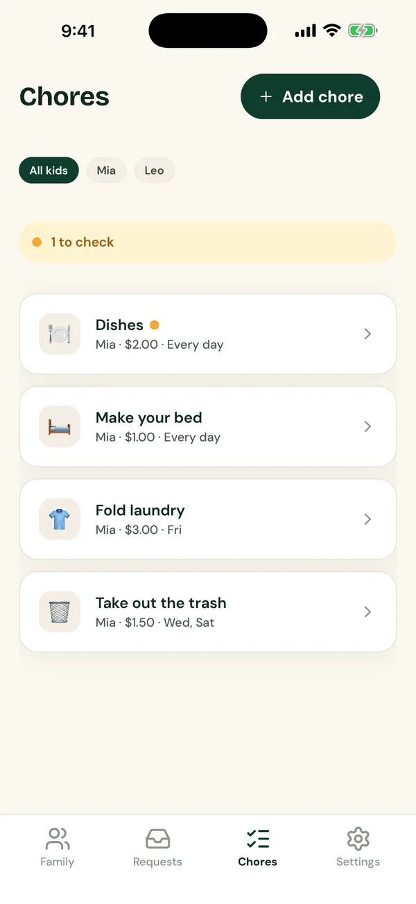 Kiddo Wallet chores screen