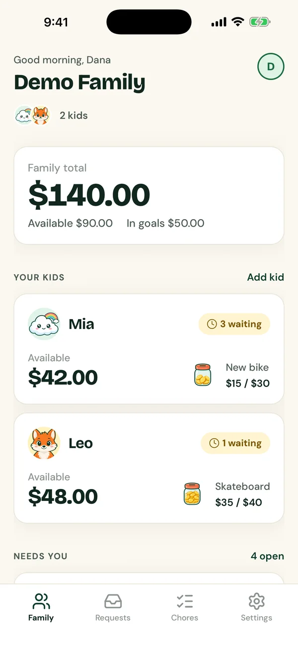 Kiddo Wallet parent home screen