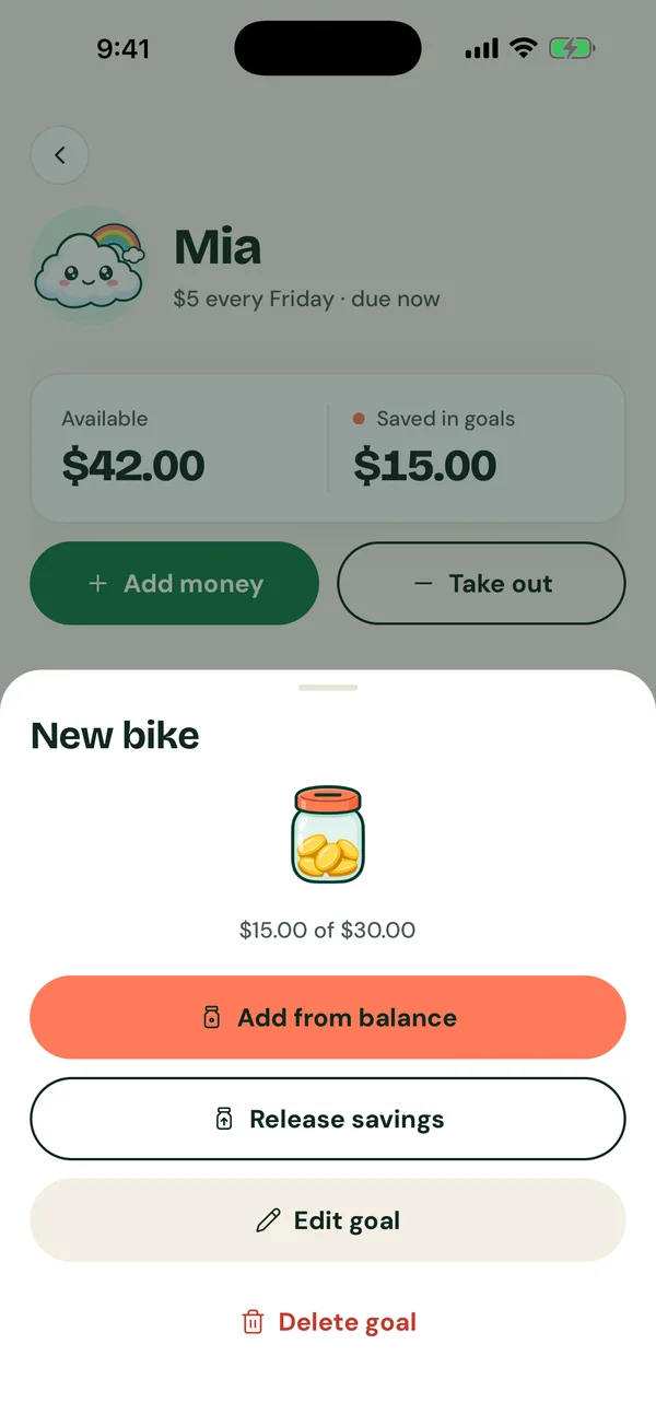 Kiddo Wallet savings goal screen