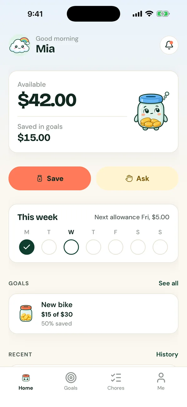 Kiddo Wallet kid home screen showing $42.00 available