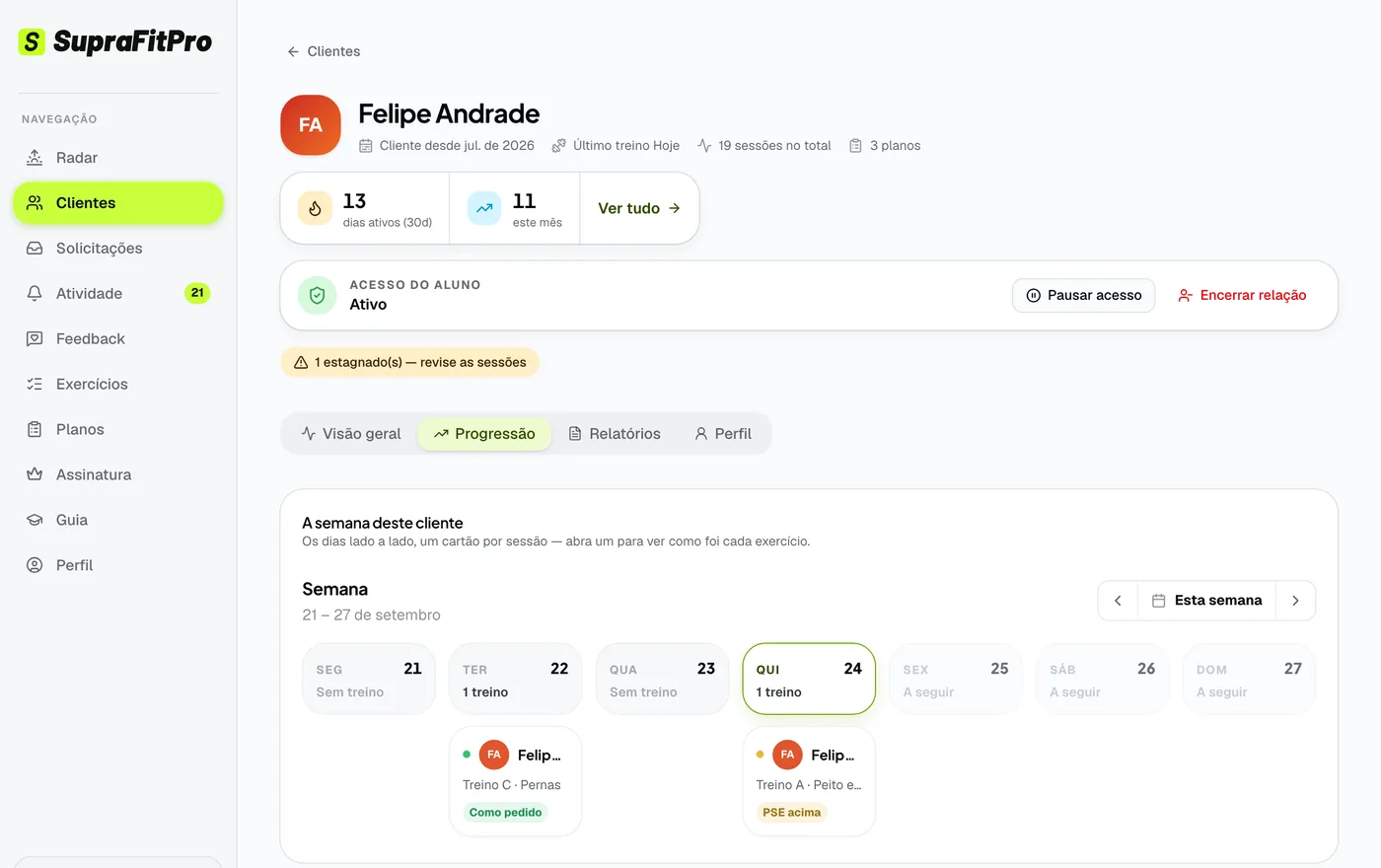 SupraFitPro coach portal: a client’s week of training, session by session