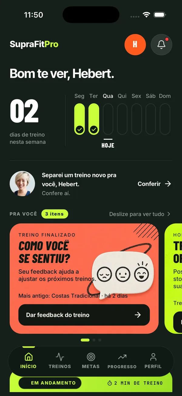 SupraFitPro client app home: training days this week and today’s plan