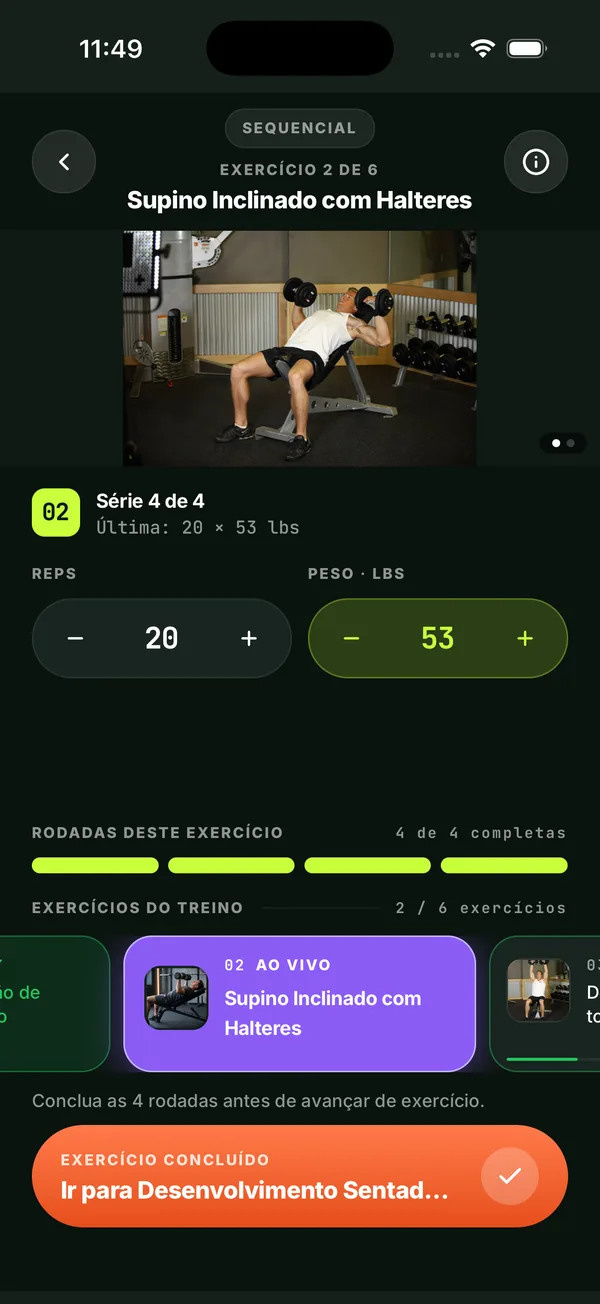 SupraFitPro logging a set: reps and weight for incline dumbbell press